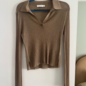 Jonathan Simkhai Metallic Ribbed Polo Long-Sleeve Top in Brown - Size Medium